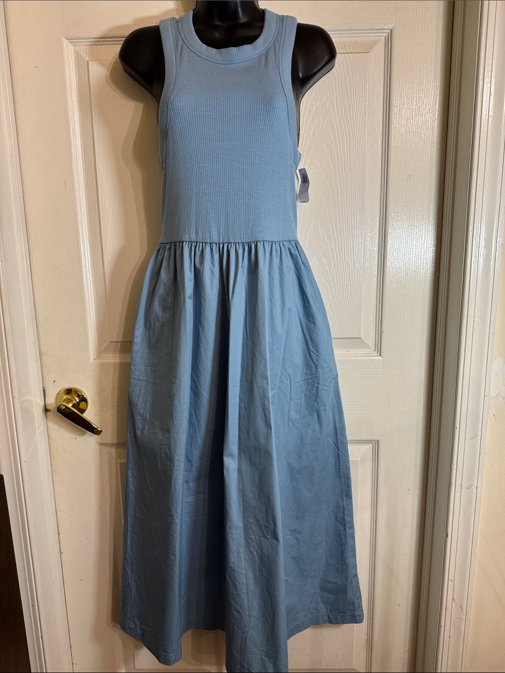 Old Navy Sleeveless Ribbed Knit Blue Flourite Pockets Cotton Maxi Dress Sz M NWT
